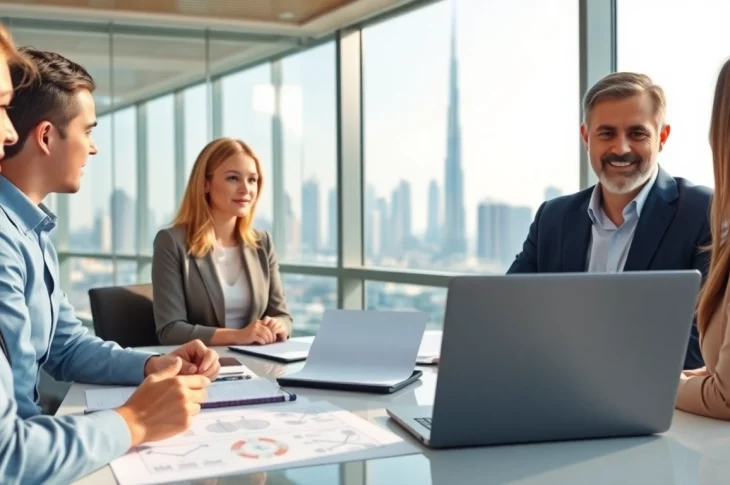 Guidance for trademark registration in Dubai with professionals in a modern office.