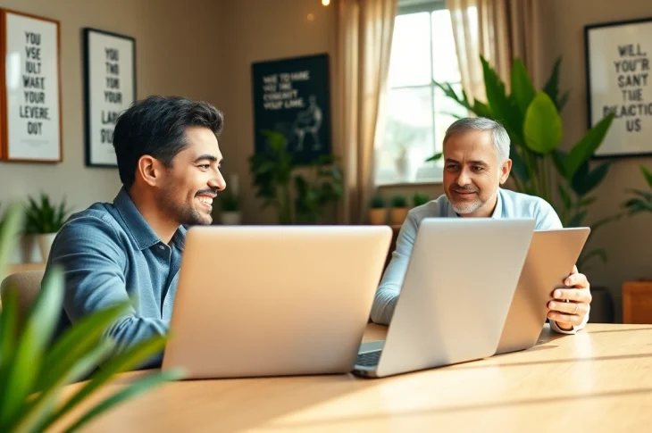 Engaging business coaching service session with a dynamic virtual meeting setup, showcasing professional interaction.