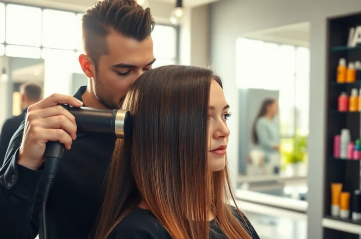 Stylist using a hair dryer for fine hair, achieving a smooth finish in a bright salon.