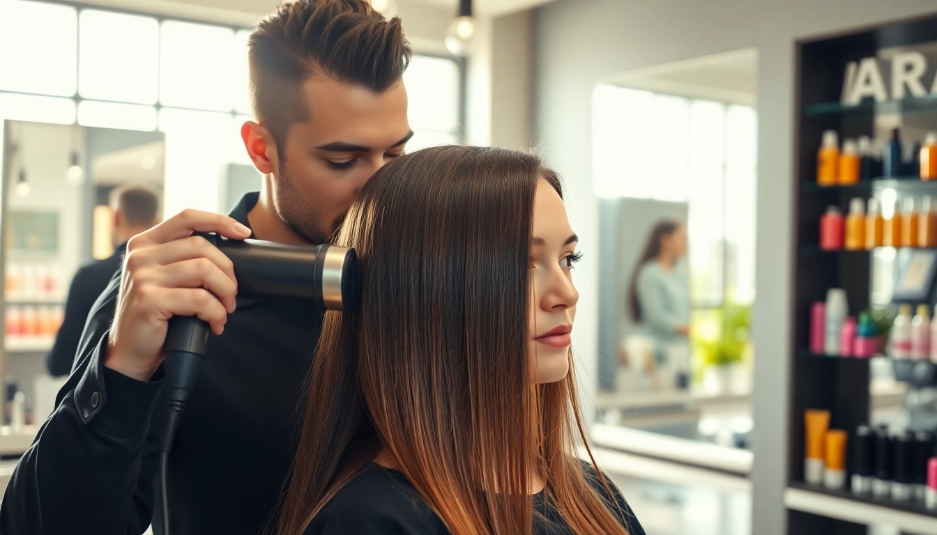 Stylist using a hair dryer for fine hair, achieving a smooth finish in a bright salon.