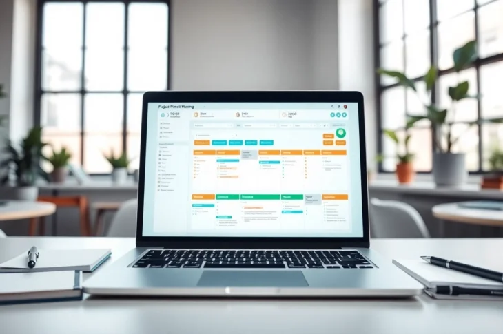 Utilize a project planning template online effectively as showcased on a sleek laptop.