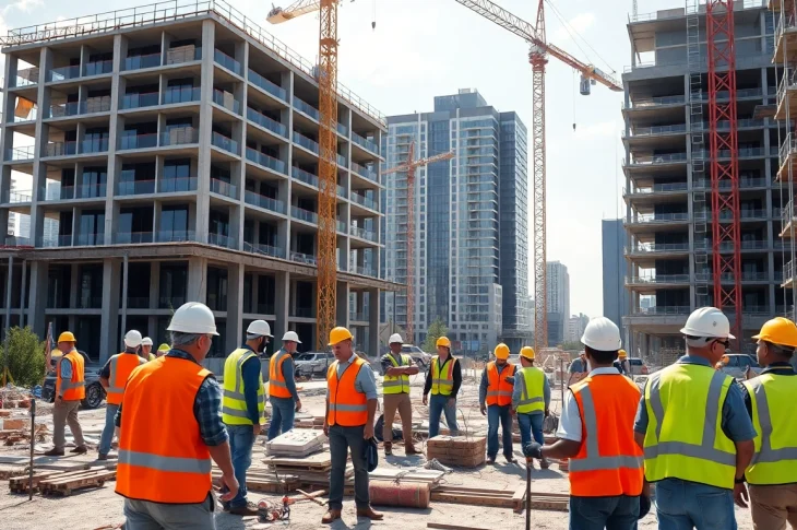 Austin construction site featuring diverse workers actively building a modern office complex.