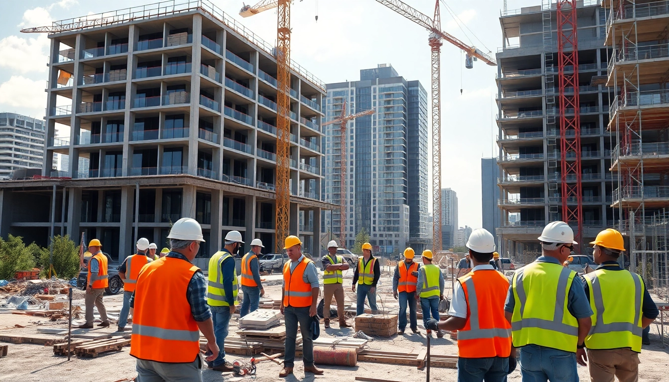 Austin construction site featuring diverse workers actively building a modern office complex.