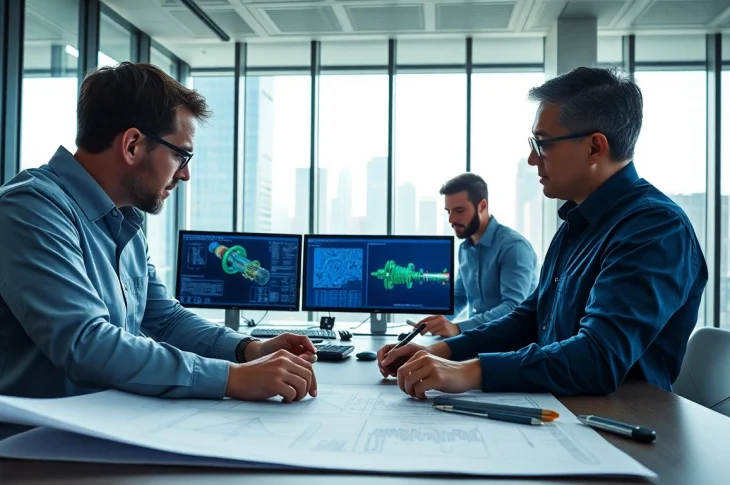 Engineers at a piping stress Analysis Company performing critical evaluations and simulations in a modern office.