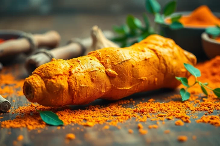 Highlighting the rich texture of Turmeric Root on a rustic table with fresh green elements.