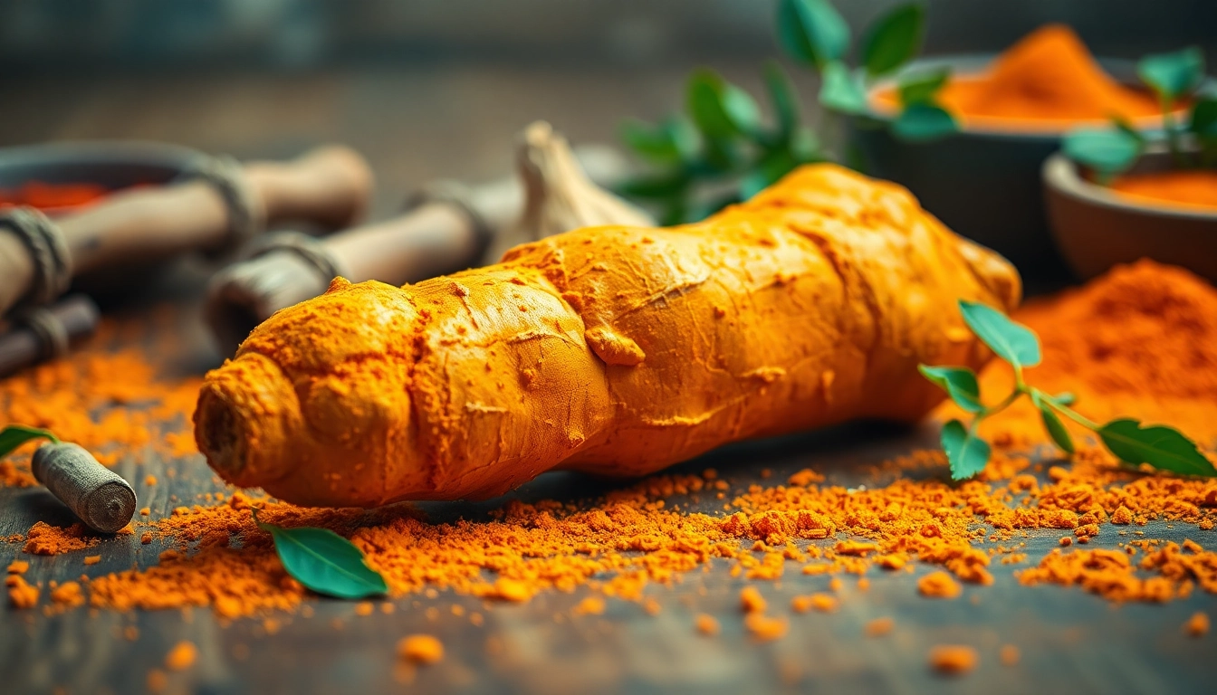 Highlighting the rich texture of Turmeric Root on a rustic table with fresh green elements.