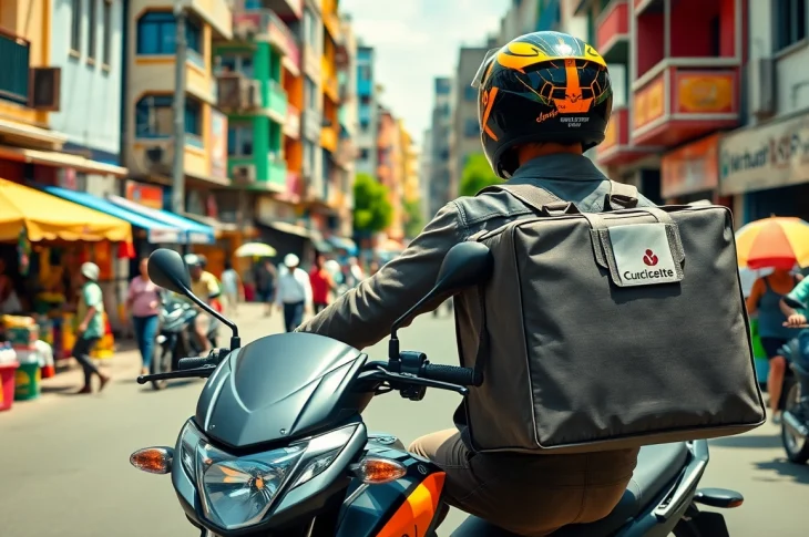 Capture moments with delivery apps in Lagos, showcasing a rider in action, energized urban scene.