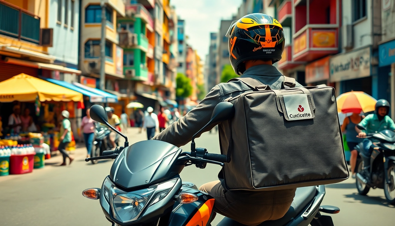 Capture moments with delivery apps in Lagos, showcasing a rider in action, energized urban scene.