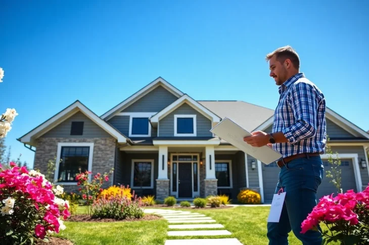 Exterior remodel expert reviewing home design with beautiful landscaping detail.
