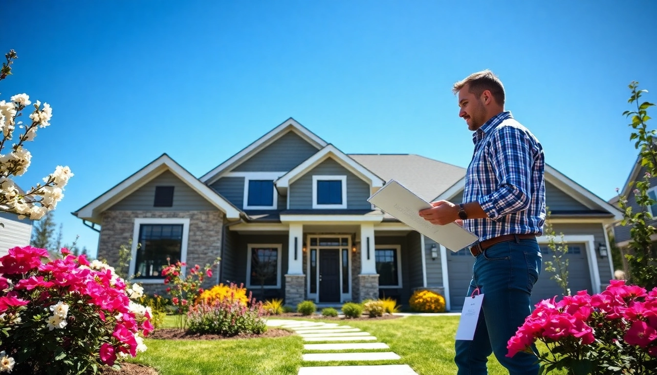 Exterior remodel expert reviewing home design with beautiful landscaping detail.