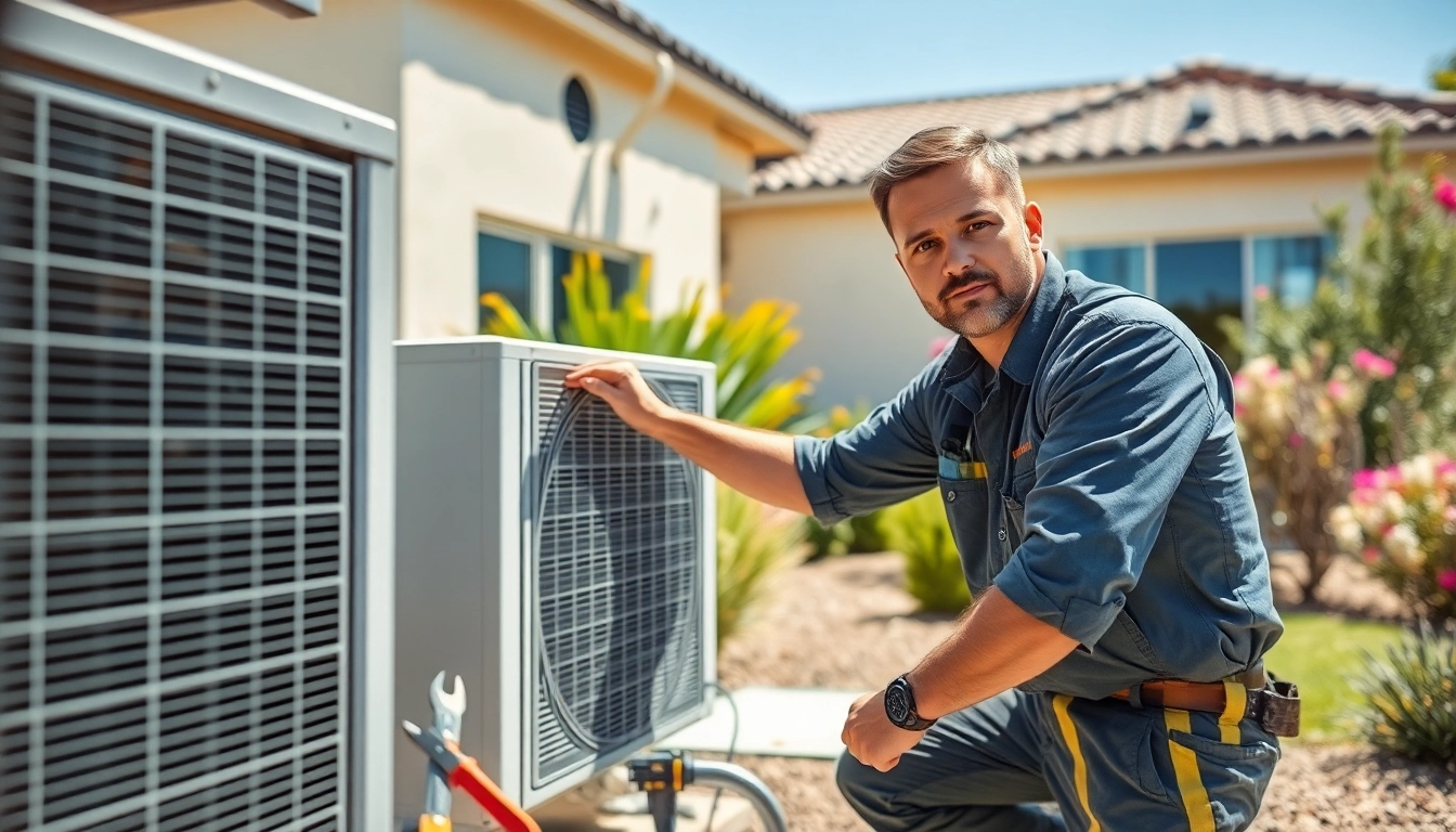 Technician providing detailed ac repair glendale az service in a sunny backyard.