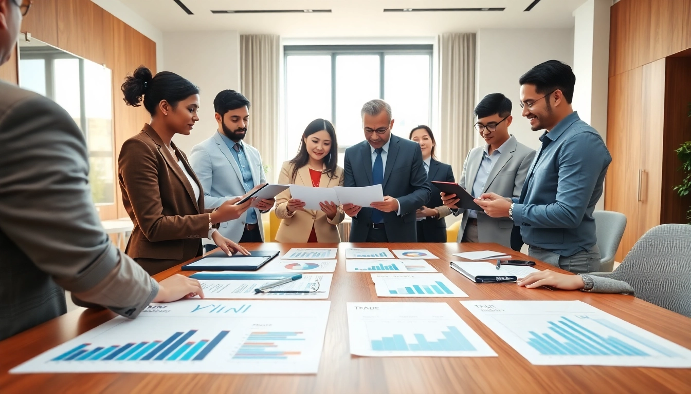 Engaging business professionals discussing trade agreements over documents in a bright office.