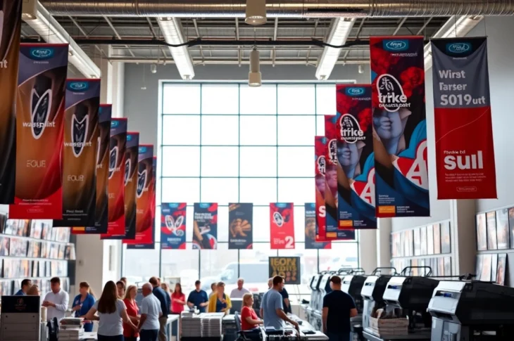 Customized printing solutions at an edmonton print shop with vibrant designs and bustling atmosphere.