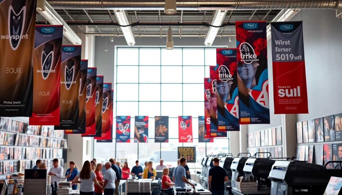 Customized printing solutions at an edmonton print shop with vibrant designs and bustling atmosphere.