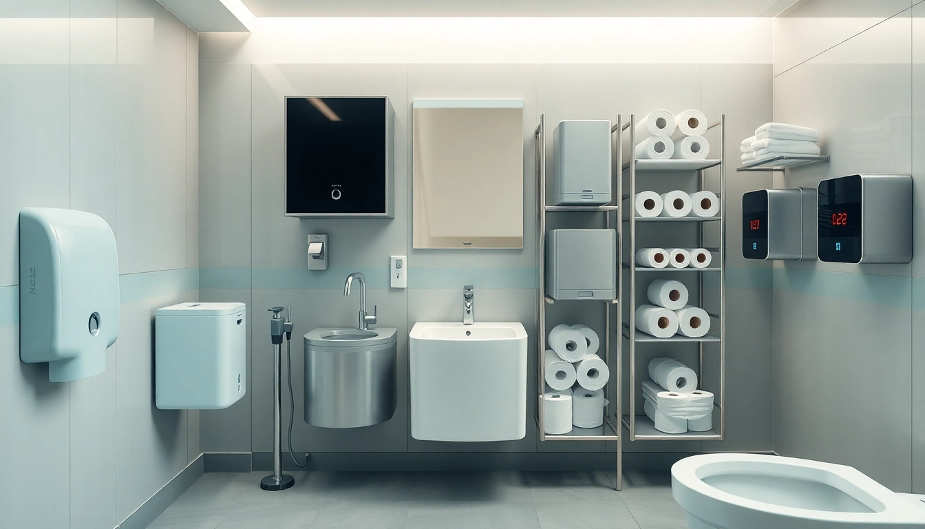 Showcase of Commercial Restroom Supplies in a modern and hygienic environment.