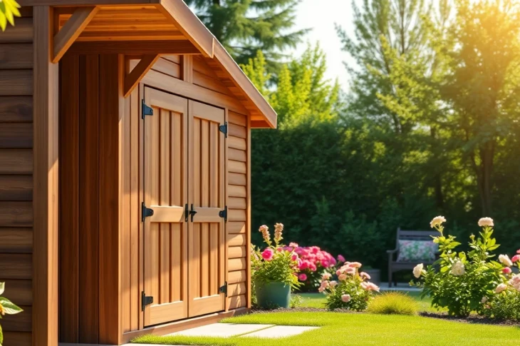 Construct a custom built storage shed with unique features in a lush garden.