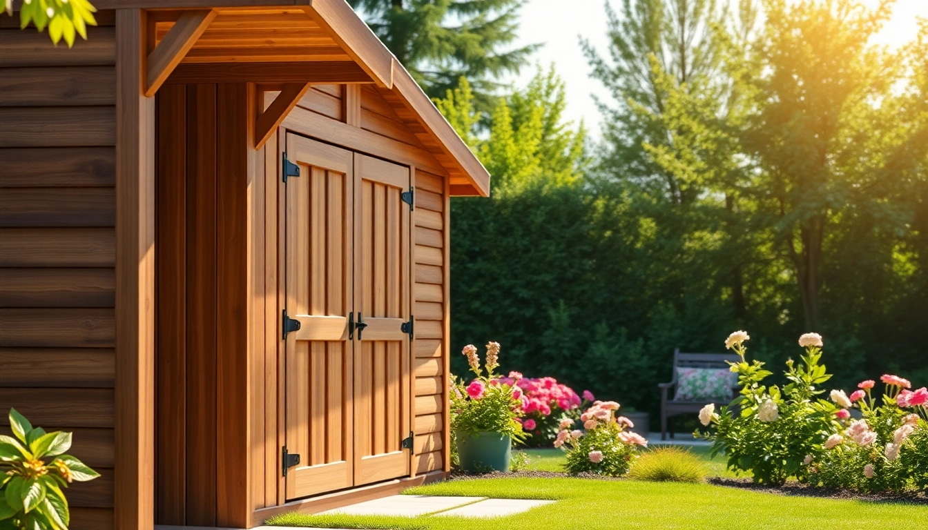 Construct a custom built storage shed with unique features in a lush garden.