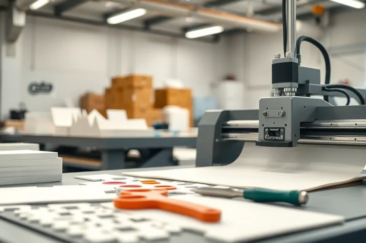 Precision die cutting tools and materials arranged in a workshop, emphasizing craftsmanship and efficiency.