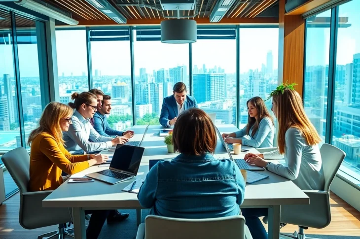 Engaging scene of a startup recruitment agency team brainstorming in a vibrant office.