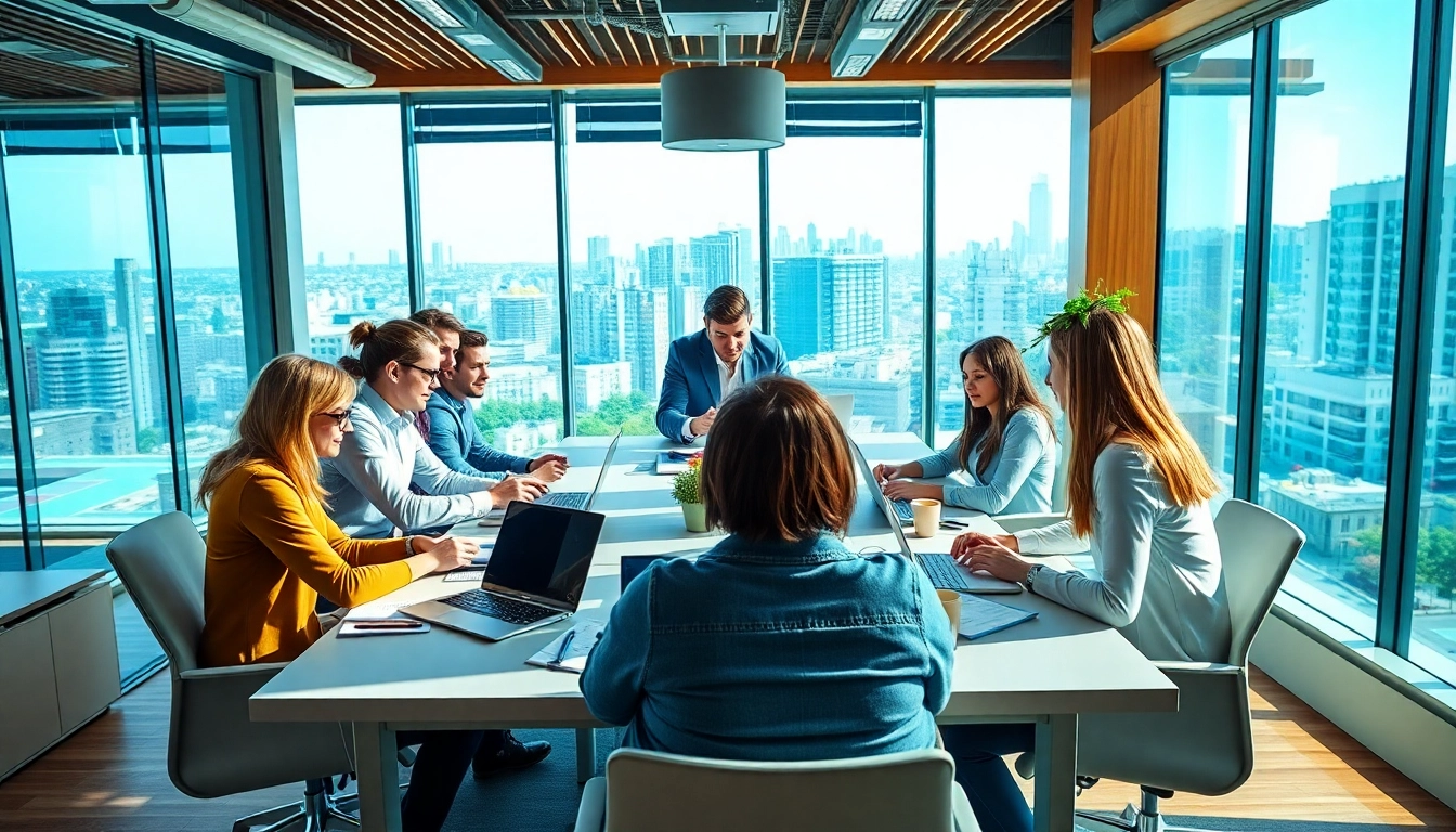 Engaging scene of a startup recruitment agency team brainstorming in a vibrant office.