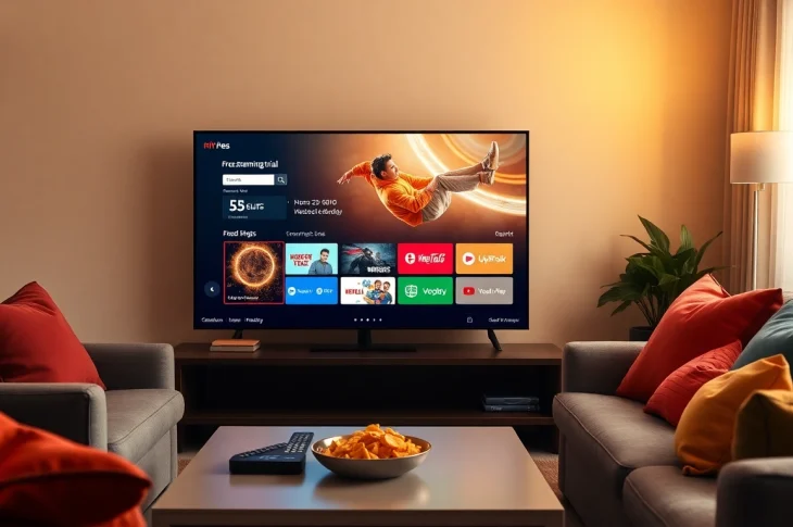 Showcase your free streaming trial on a smart TV in a cozy living room.