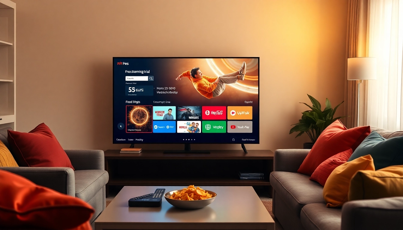 Showcase your free streaming trial on a smart TV in a cozy living room.