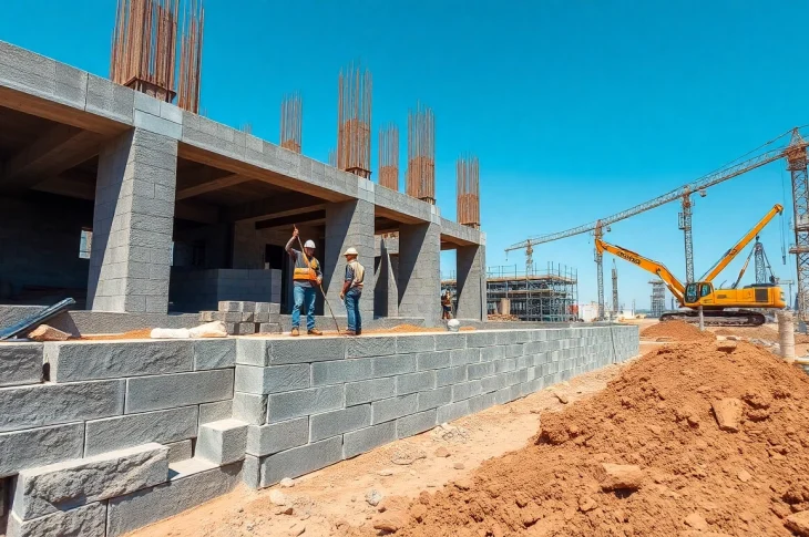 Workers installing footing and Block walls at a construction site with machinery in the background.