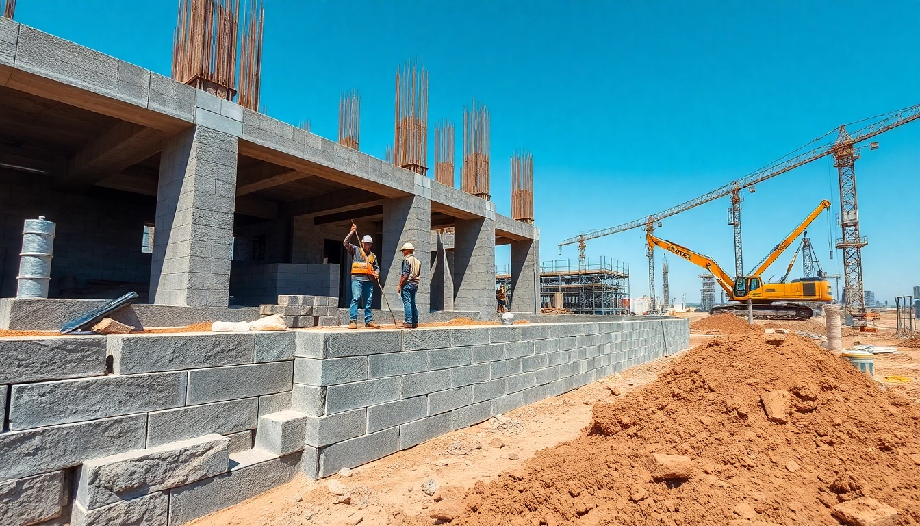 Workers installing footing and Block walls at a construction site with machinery in the background.