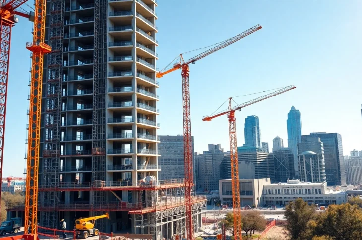 Workers and cranes on austin construction site, showcasing dynamic urban development.
