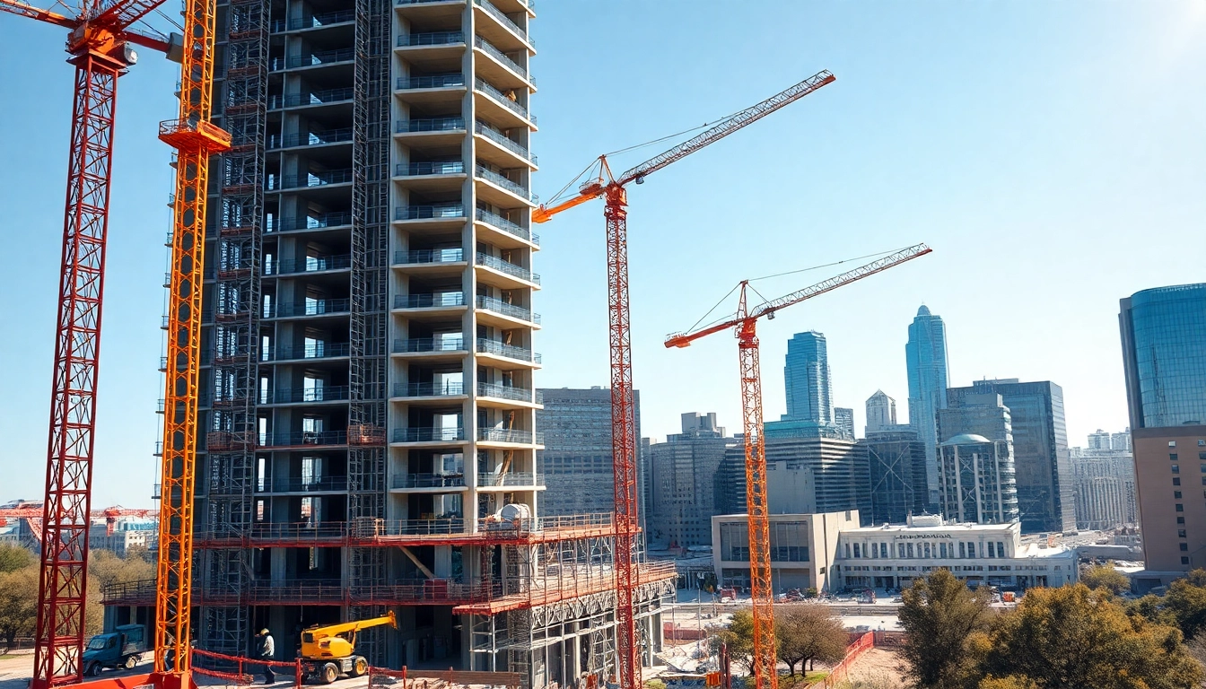 Workers and cranes on austin construction site, showcasing dynamic urban development.
