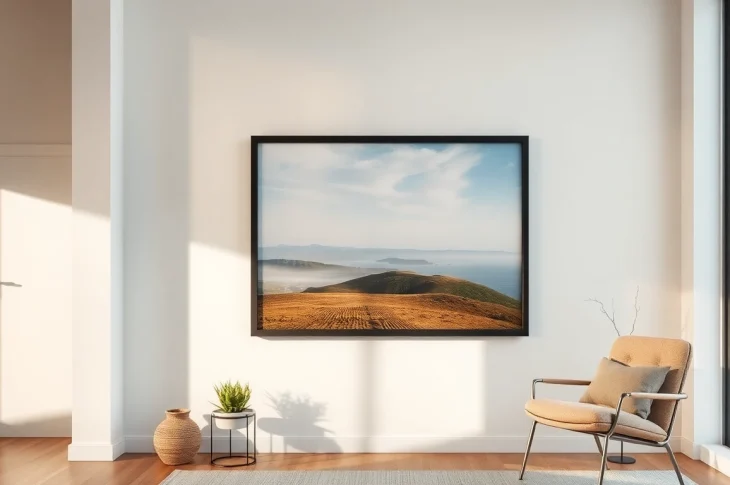 Showcase a 36x48 frame with a vibrant landscape in a modern interior.
