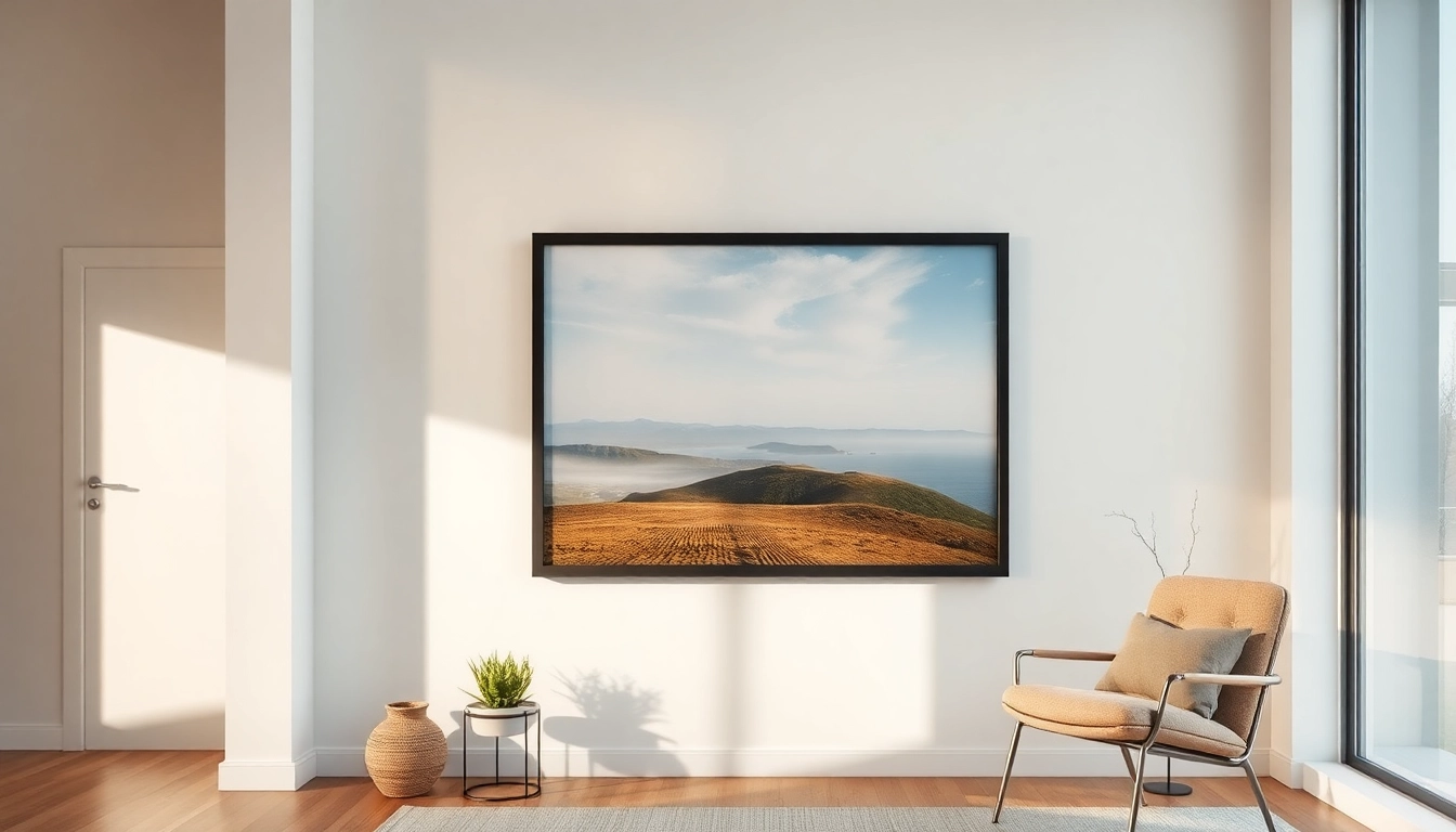 Showcase a 36x48 frame with a vibrant landscape in a modern interior.