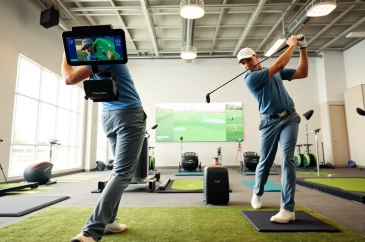 Golfer utilizing golf training aids to improve swing technique indoors, showcasing focus and dedication.