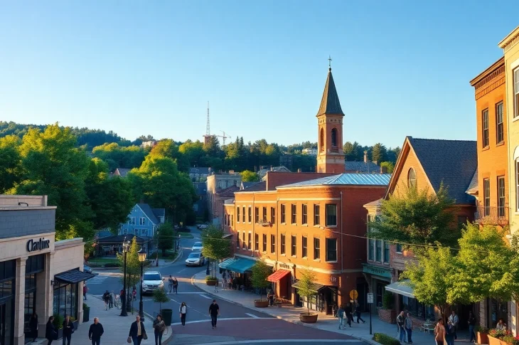 Clarksburg urban landscape with iconic buildings and vibrant street life.