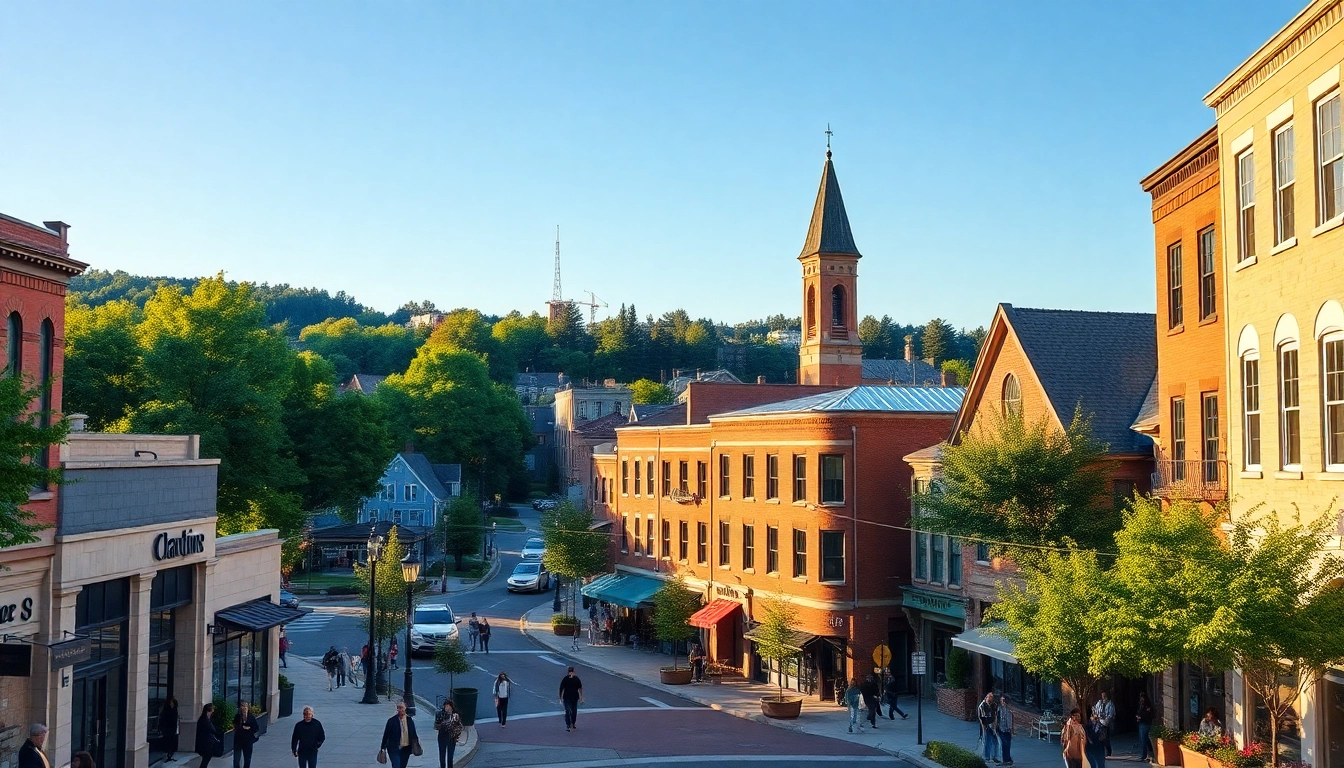 Clarksburg urban landscape with iconic buildings and vibrant street life.