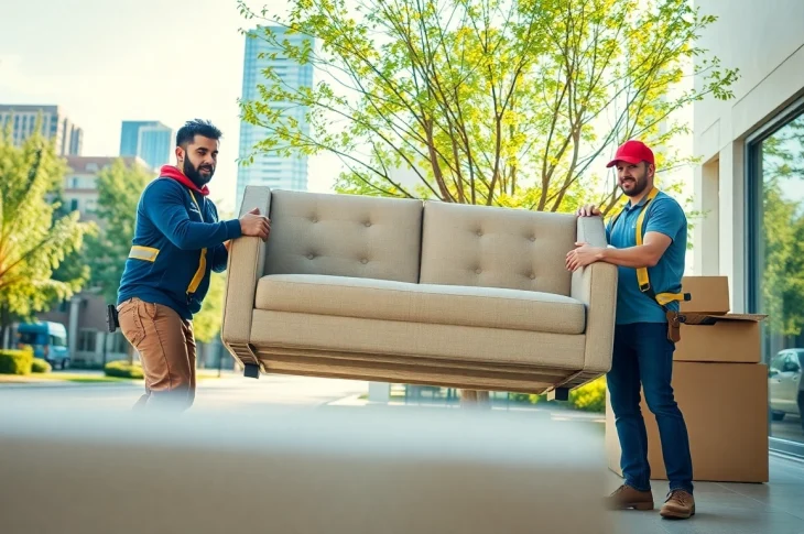 Expert movers demonstrating moving services edmonton by efficiently carrying furniture in a city environment.