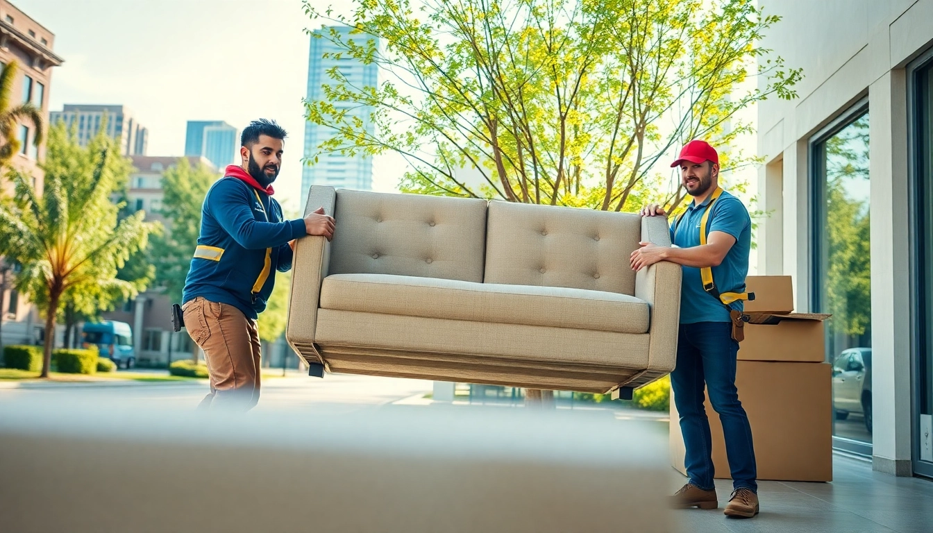 Expert movers demonstrating moving services edmonton by efficiently carrying furniture in a city environment.