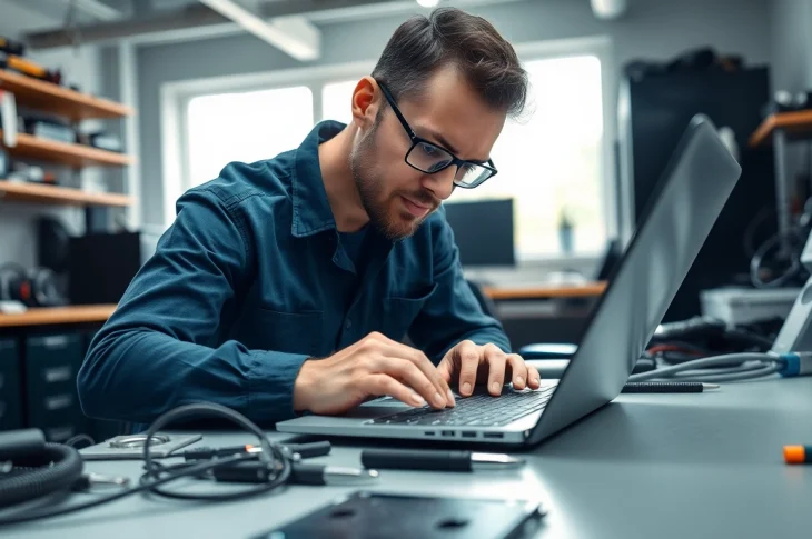 Professionista nella riparazione computer torino mentre effettua un intervento su un laptop.