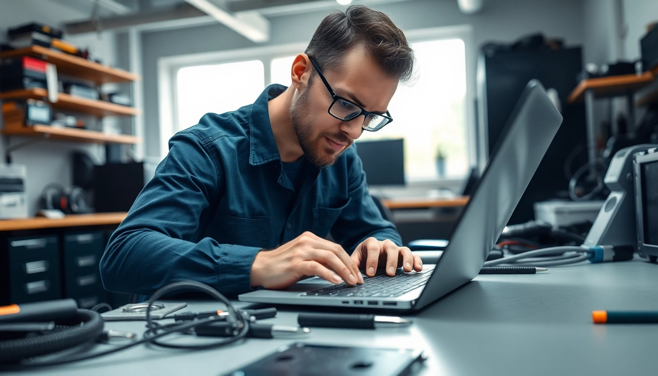 Professionista nella riparazione computer torino mentre effettua un intervento su un laptop.