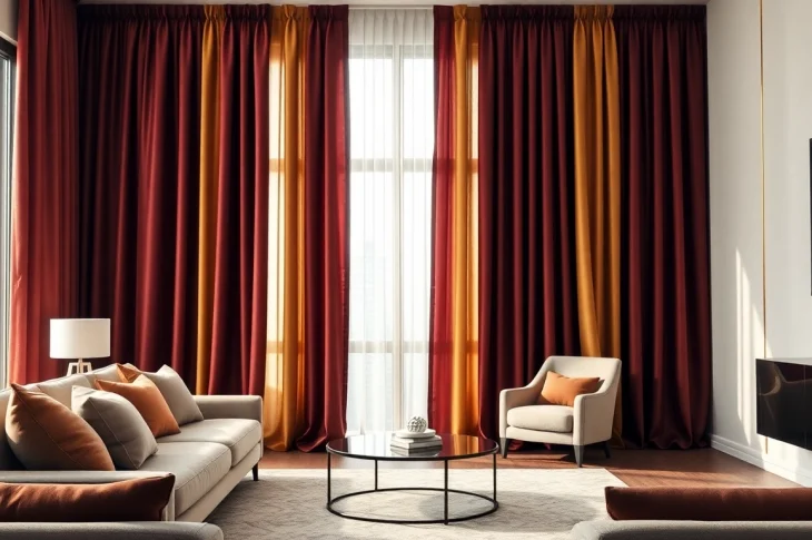 Curtains & drapes in a luxurious living room setting with elegant fabric textures and warm colors.