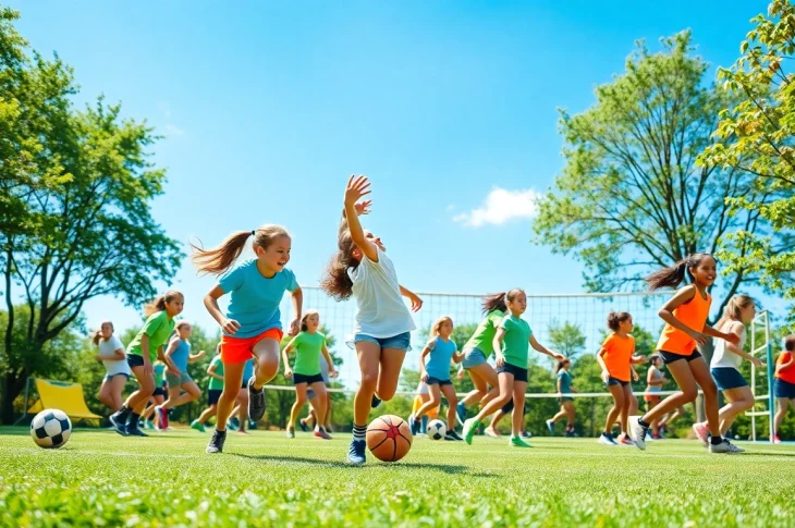Girls participating in dynamic activities at Multi Sports Camps for Girls, showcasing teamwork and empowerment.