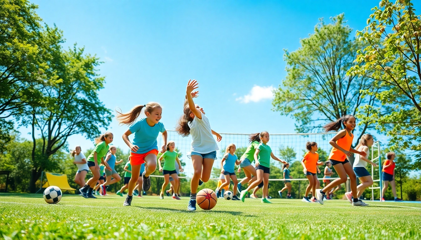 Girls participating in dynamic activities at Multi Sports Camps for Girls, showcasing teamwork and empowerment.