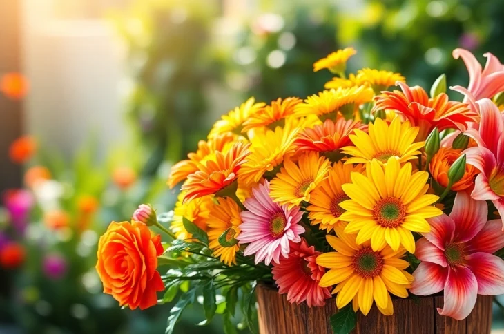 Bright and colorful Orange County flowers arranged beautifully in a rustic vase.