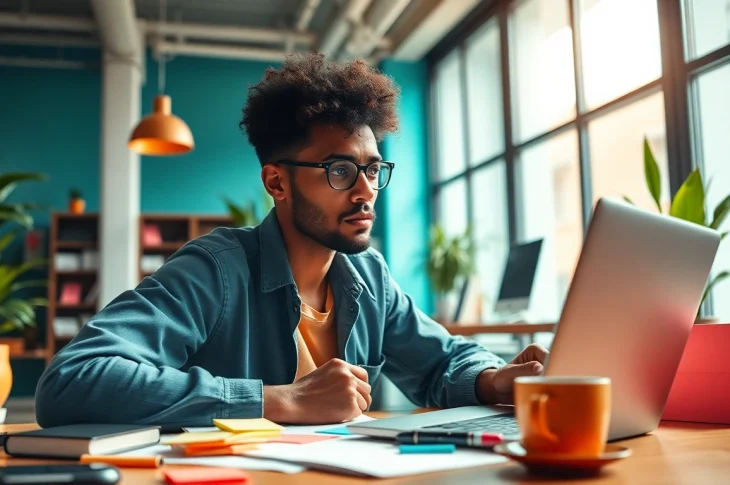Rebel worker engaging in creative brainstorming in a vibrant urban office.