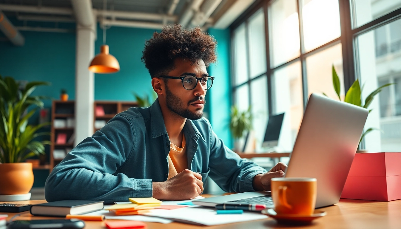 Rebel worker engaging in creative brainstorming in a vibrant urban office.