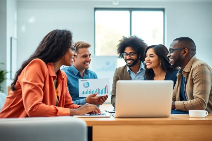 Engaging scene of a startup recruitment agency team strategizing in a vibrant office.