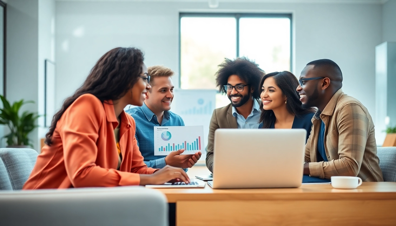 Engaging scene of a startup recruitment agency team strategizing in a vibrant office.