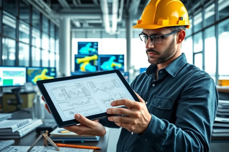 Piping stress analysis company engineer assessing detailed diagrams and calculations in a bright modern workspace.