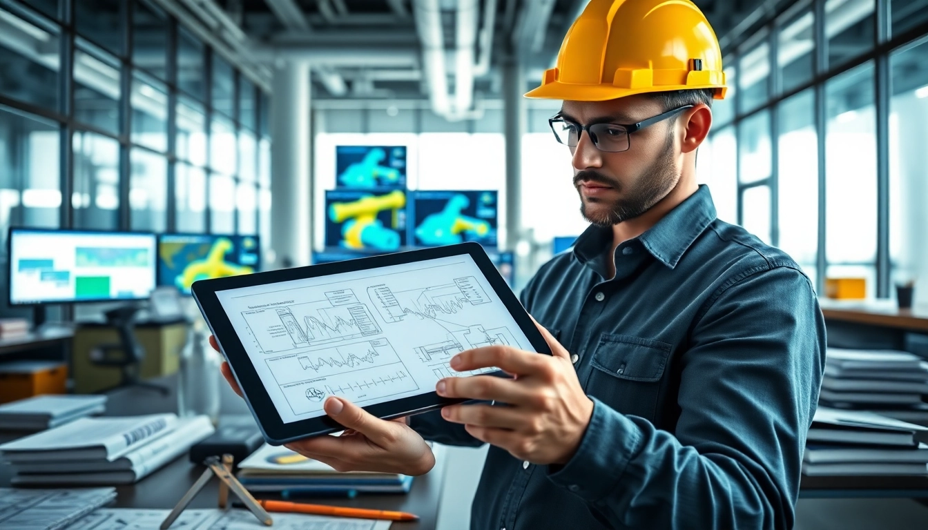 Piping stress analysis company engineer assessing detailed diagrams and calculations in a bright modern workspace.