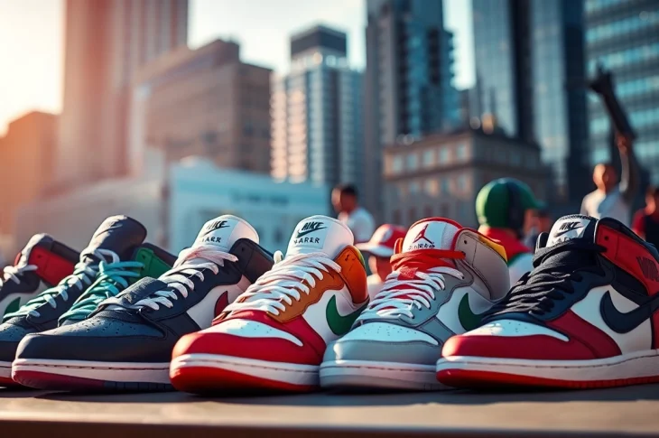 A collection of stylish sneaker reps displayed against an urban backdrop, showcasing vibrant designs.